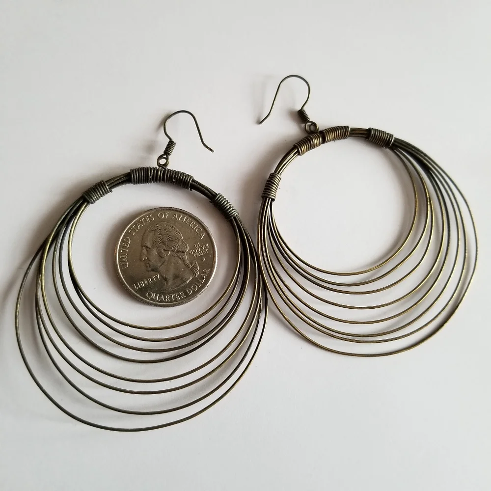 Earrings Big boho hoop earrings dangly concentric circles dark gold tone metal